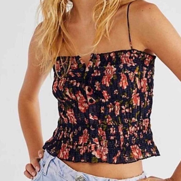 Free People Tops - FREE PEOPLE Floral Print Smocked Women's Cropped Corset Black Red Polka Dot Sz S